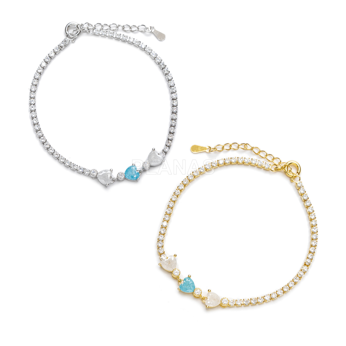 Pulsera en latón con circonitas blancas. CORAZONES.
