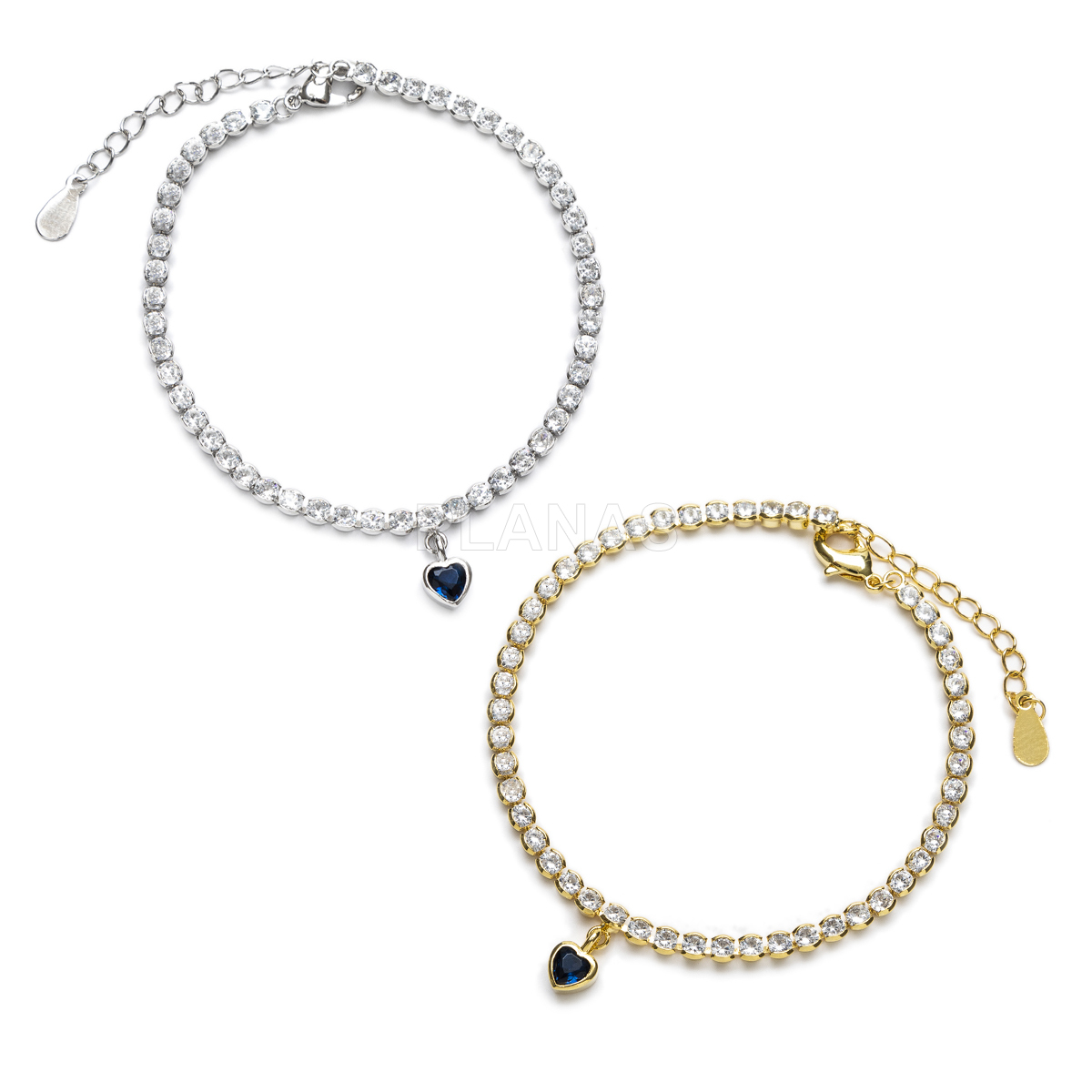 Pulsera en latón con circonitas blancas y Saphire. CORAZON.