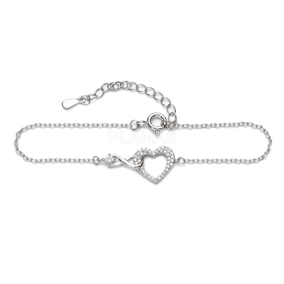 Pulsera en latón con circonitas blancas. CORAZON E INFINITO.