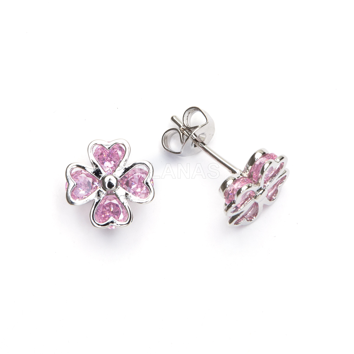 Brincos em latão com zircônias cúbicas rosa. trevo. 