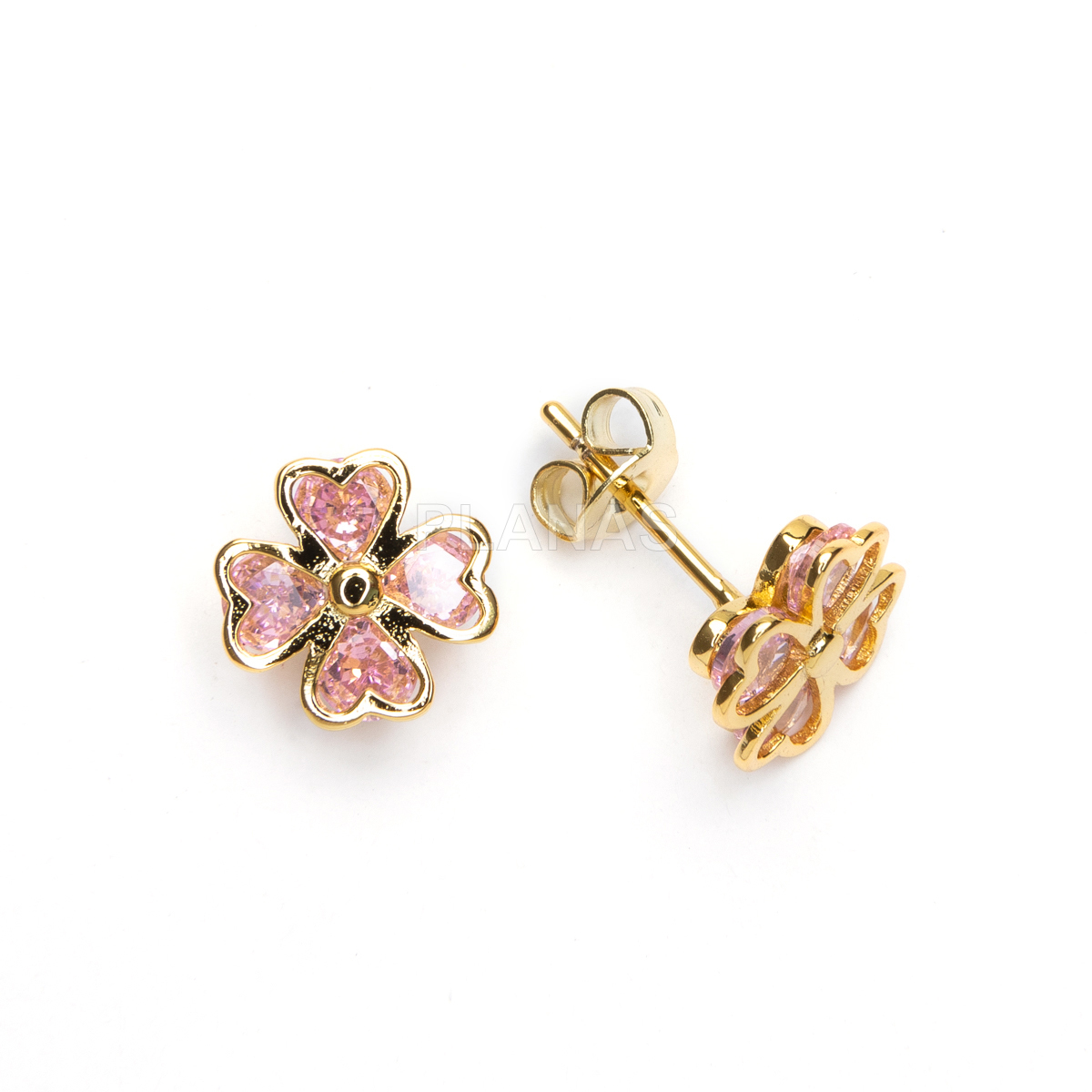 Brincos em latão com zircônias cúbicas rosa. trevo. 