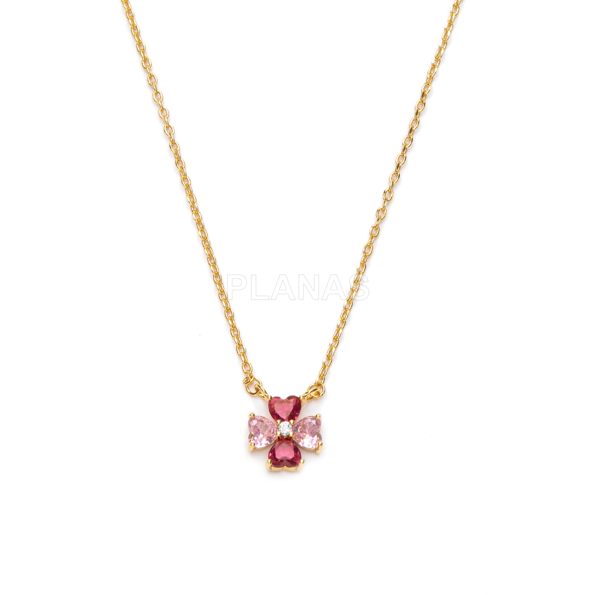 Colar em latão com zircônias cúbicas rosa. trevo.