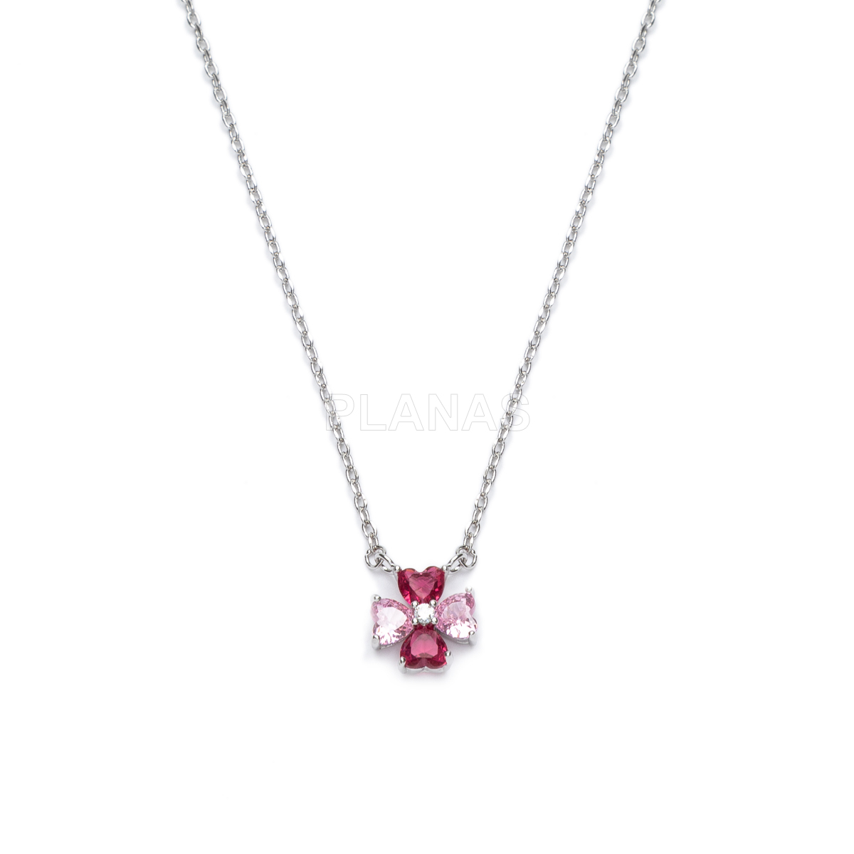 Colar em latão com zircônias cúbicas rosa. trevo.