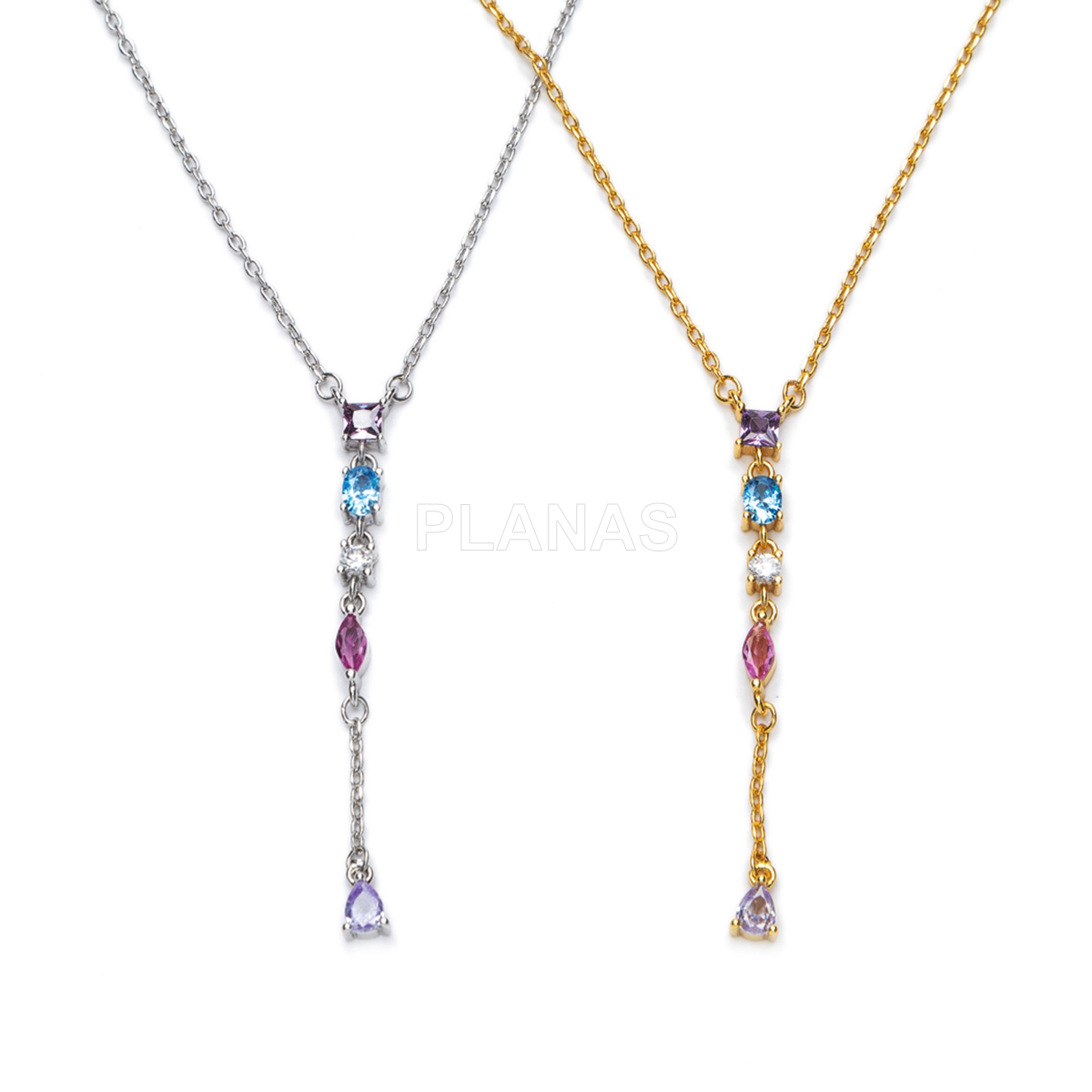 Colar em latão com zircônias cúbicas coloridas.  