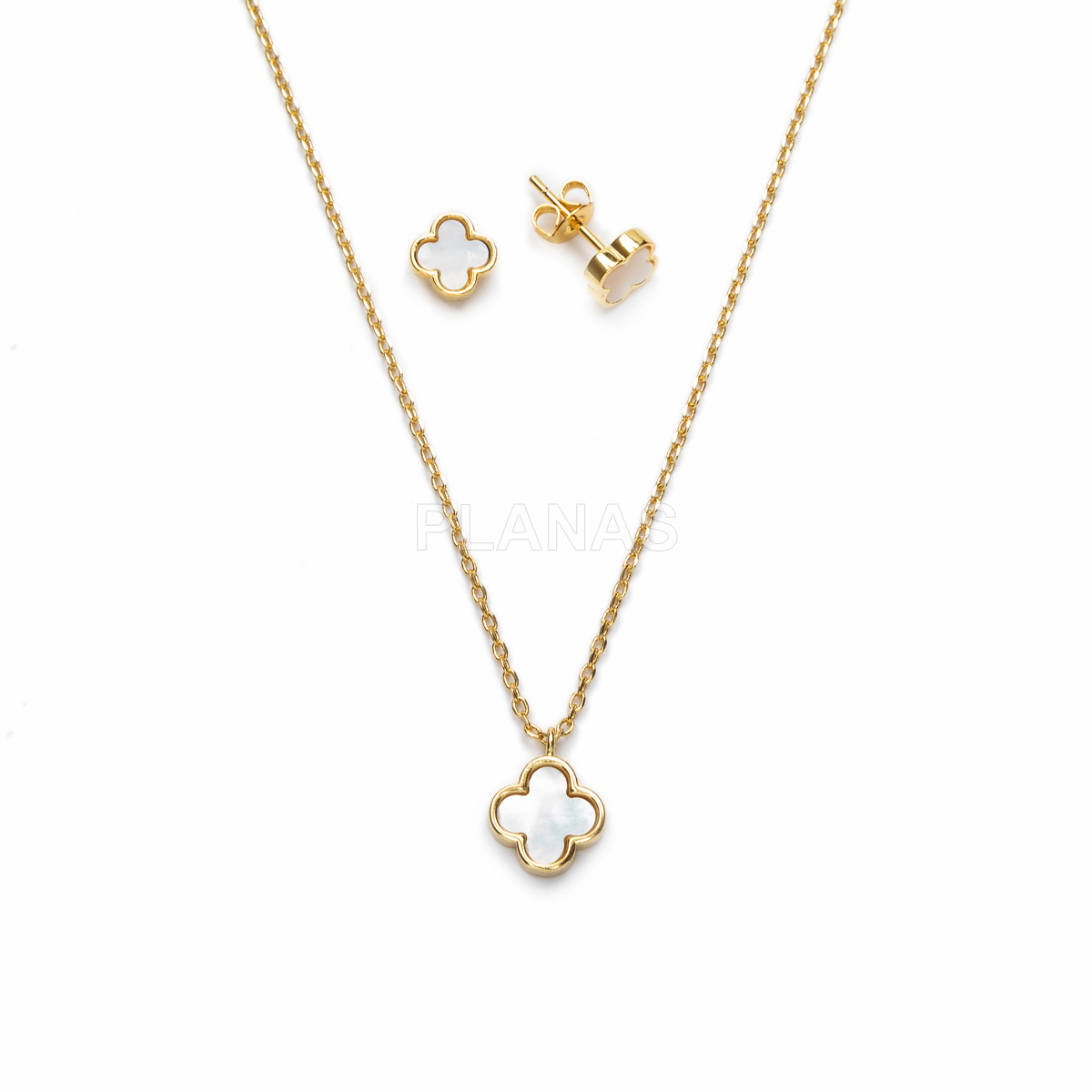 Conjunto de colar e brincos em latão e zircônias cúbicas.