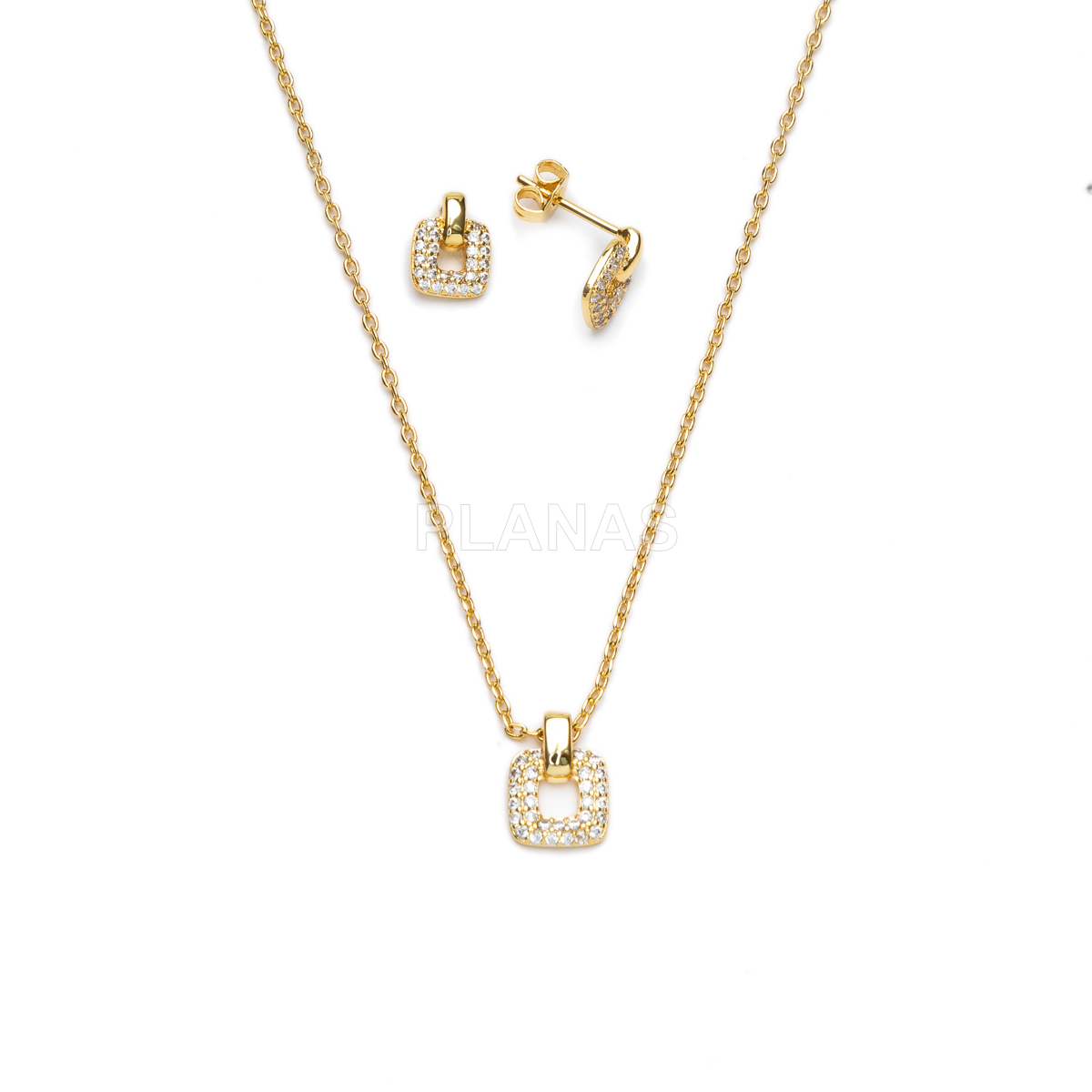Conjunto de colar e brincos em latão e zircônias cúbicas.