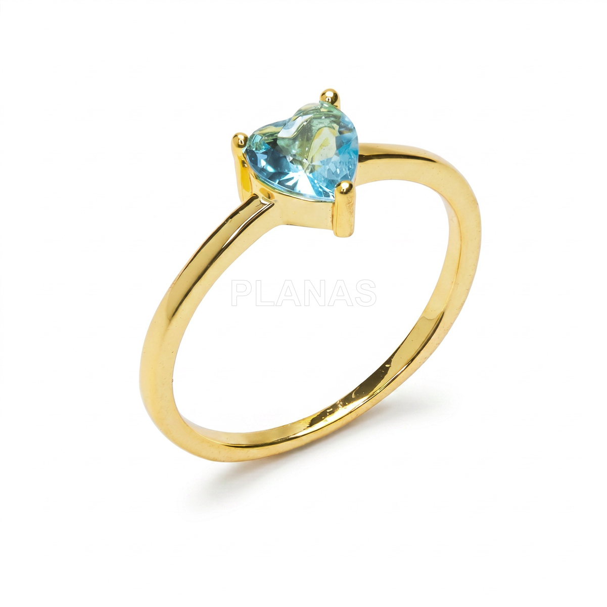 Anillo en Latón de alta calidad y Baño Oro con circonita Aguamarina. CORAZÓN.