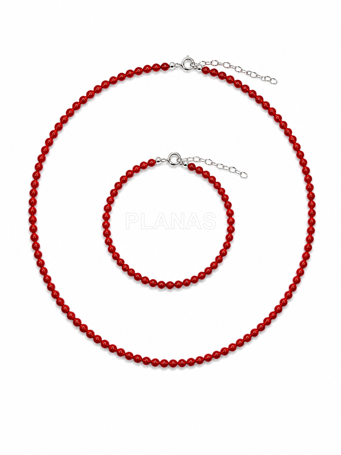 Colar e pulseira em prata de lei com coral de 3mm.