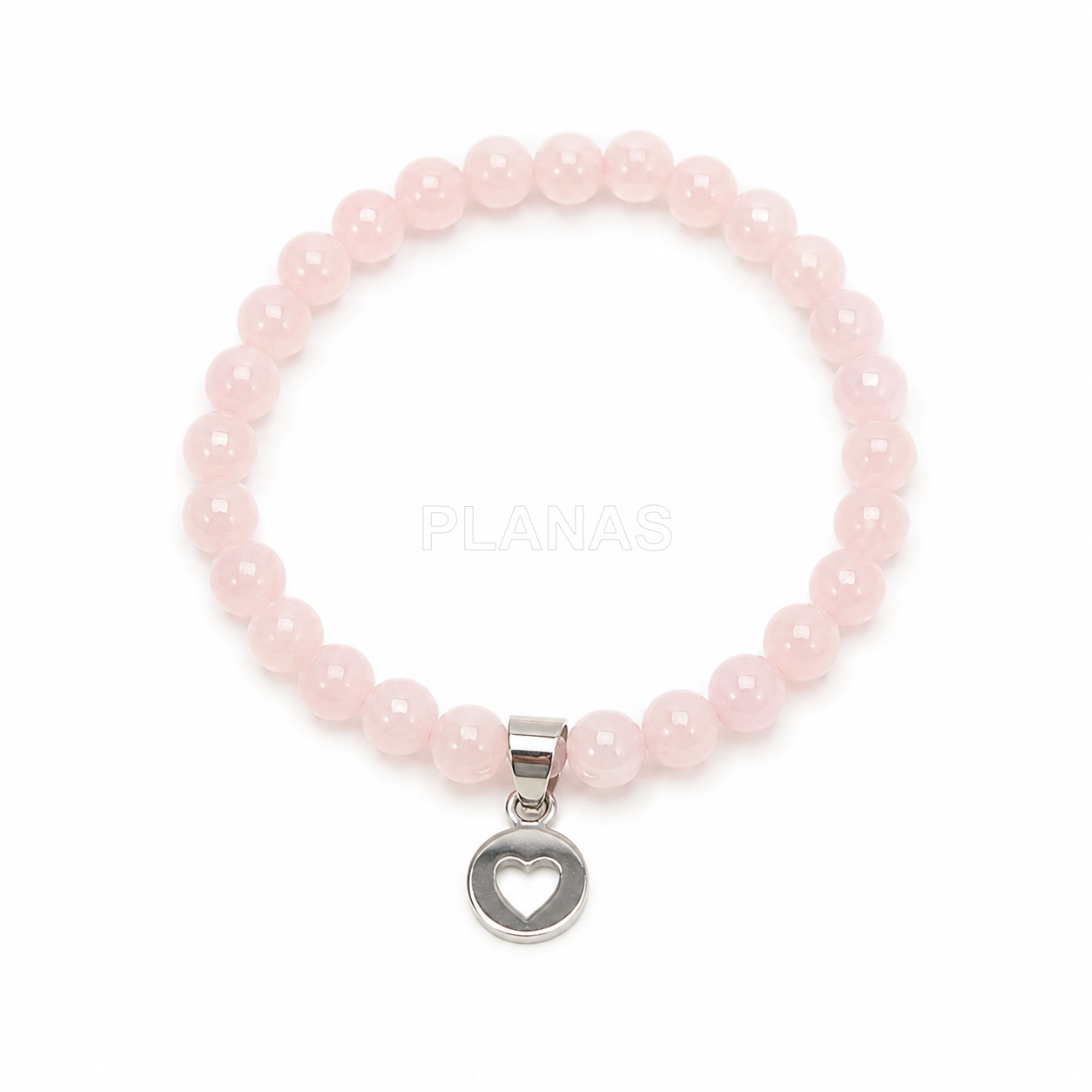 Pulsera para niña elástica en Quarzo Rosa y plata de ley. CORAZÓN. 