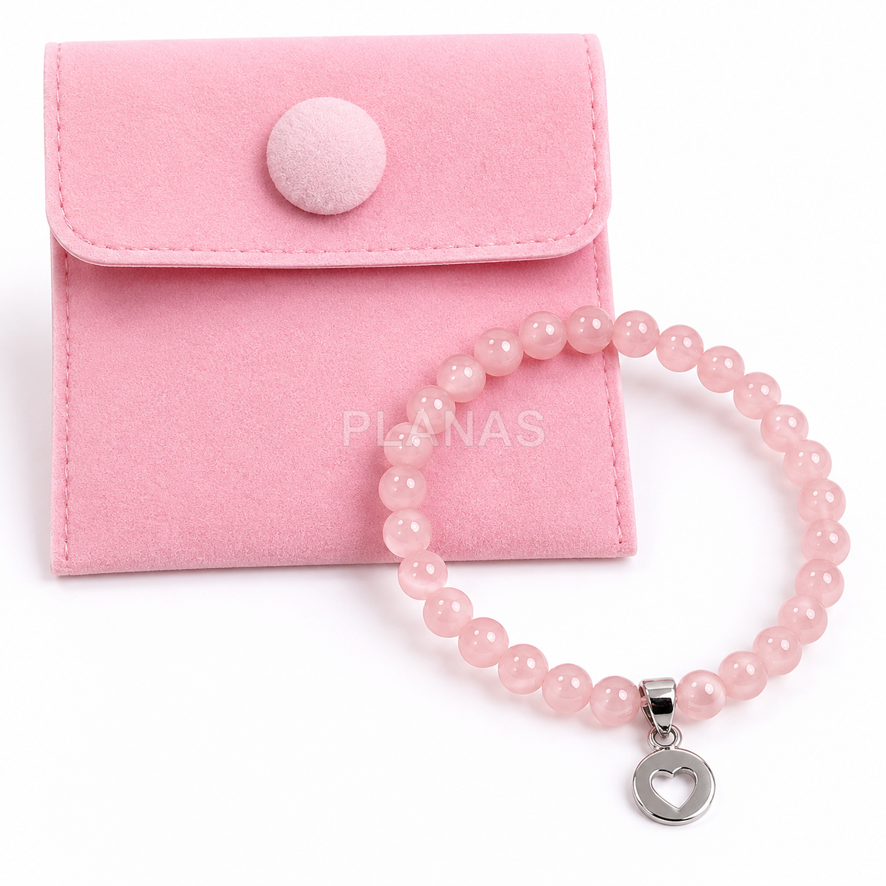Pulsera para niña elástica en Quarzo Rosa y plata de ley. CORAZÓN. 