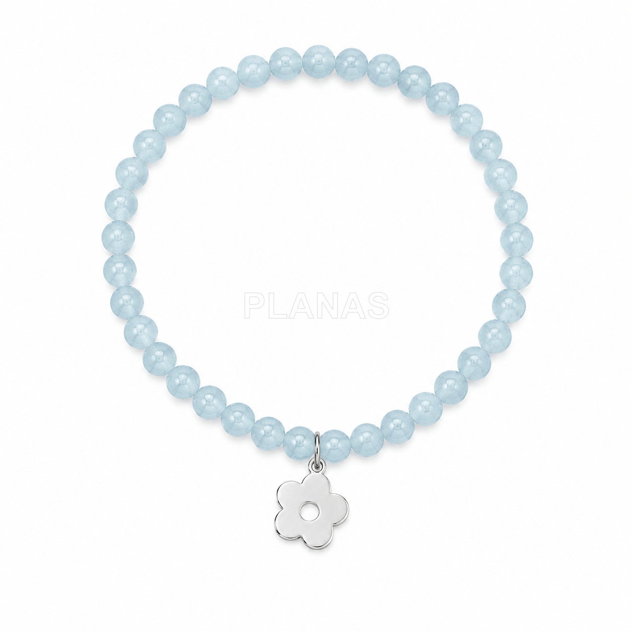 Pulsera para niña elástica en Aguamarina y plata de ley. FLOR. 