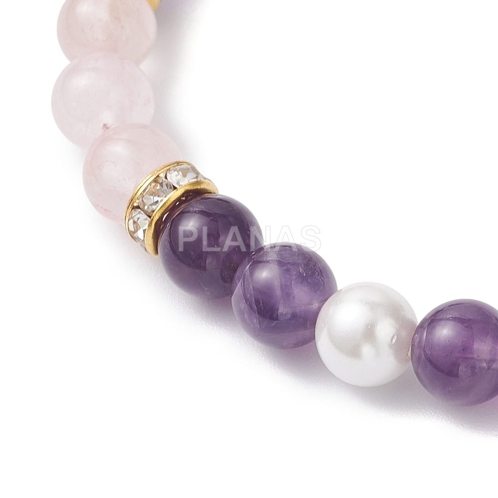 Pulseira elástica com ametista, quartzo e madrepérola.