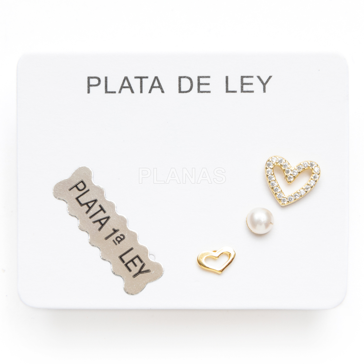 Display de 3uni de Pendientes en Plata de ley y Baño Oro.  CORAZÓN Y PERLA.
