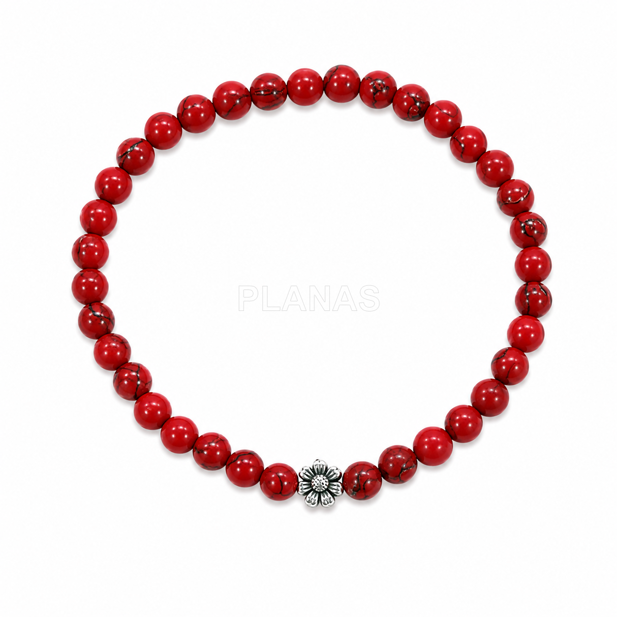 Pulseira elástica em coral e prata de lei. flor. 