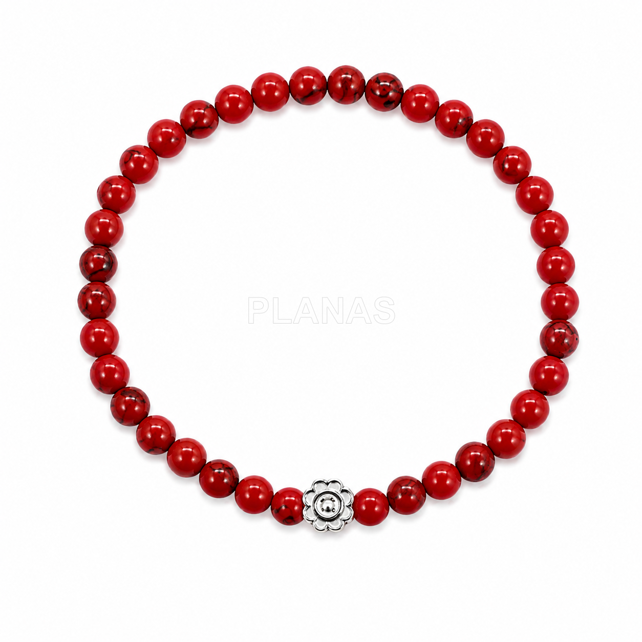 Pulseira elástica em coral e prata de lei. flor. 