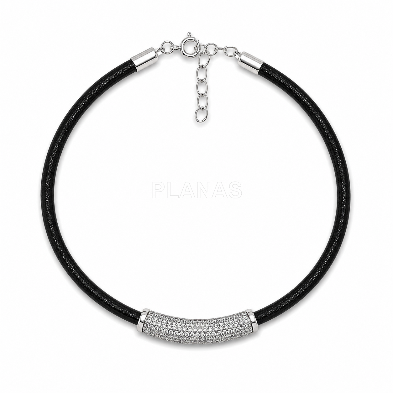 Pulseira de couro em prata de lei e zircônia cúbica.
