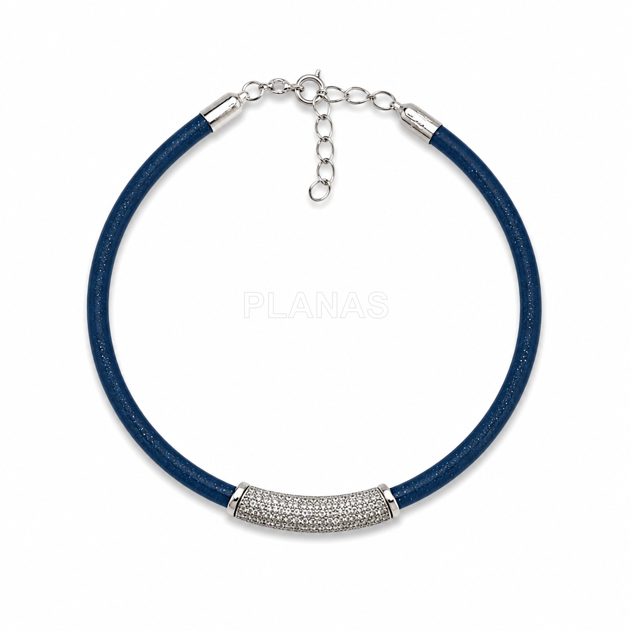 Pulseira de couro em prata de lei e zircônia cúbica.