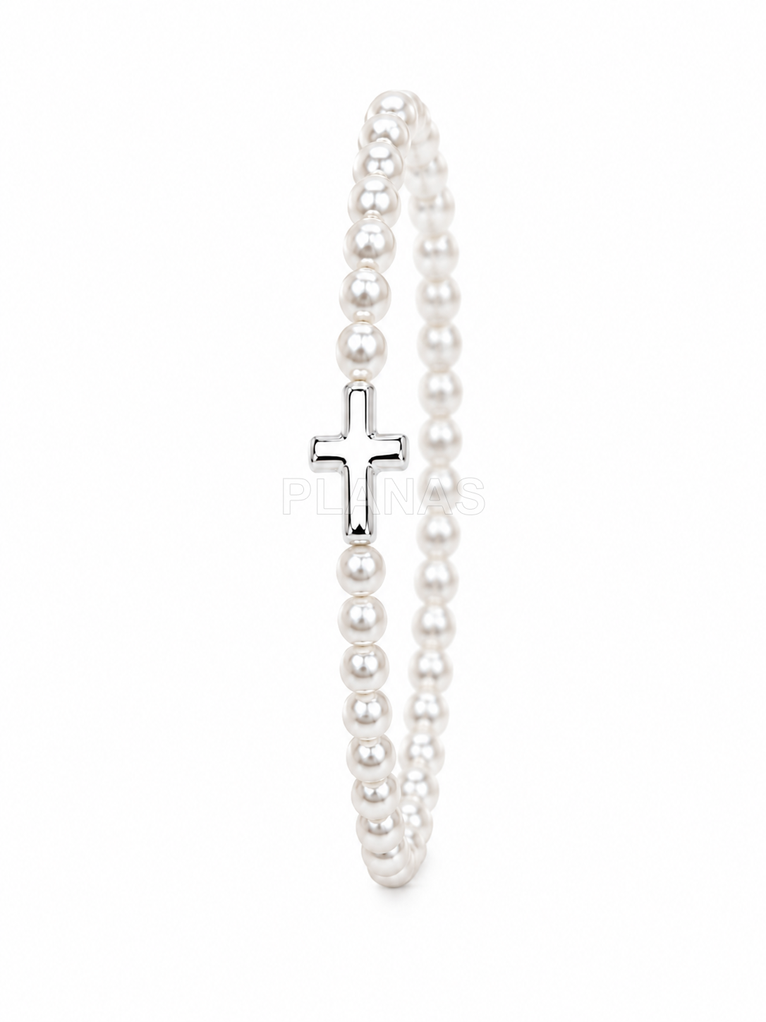 Pulsera para niña elástica en plata de ley y perlas austriacas de primera calidad. CRUZ.