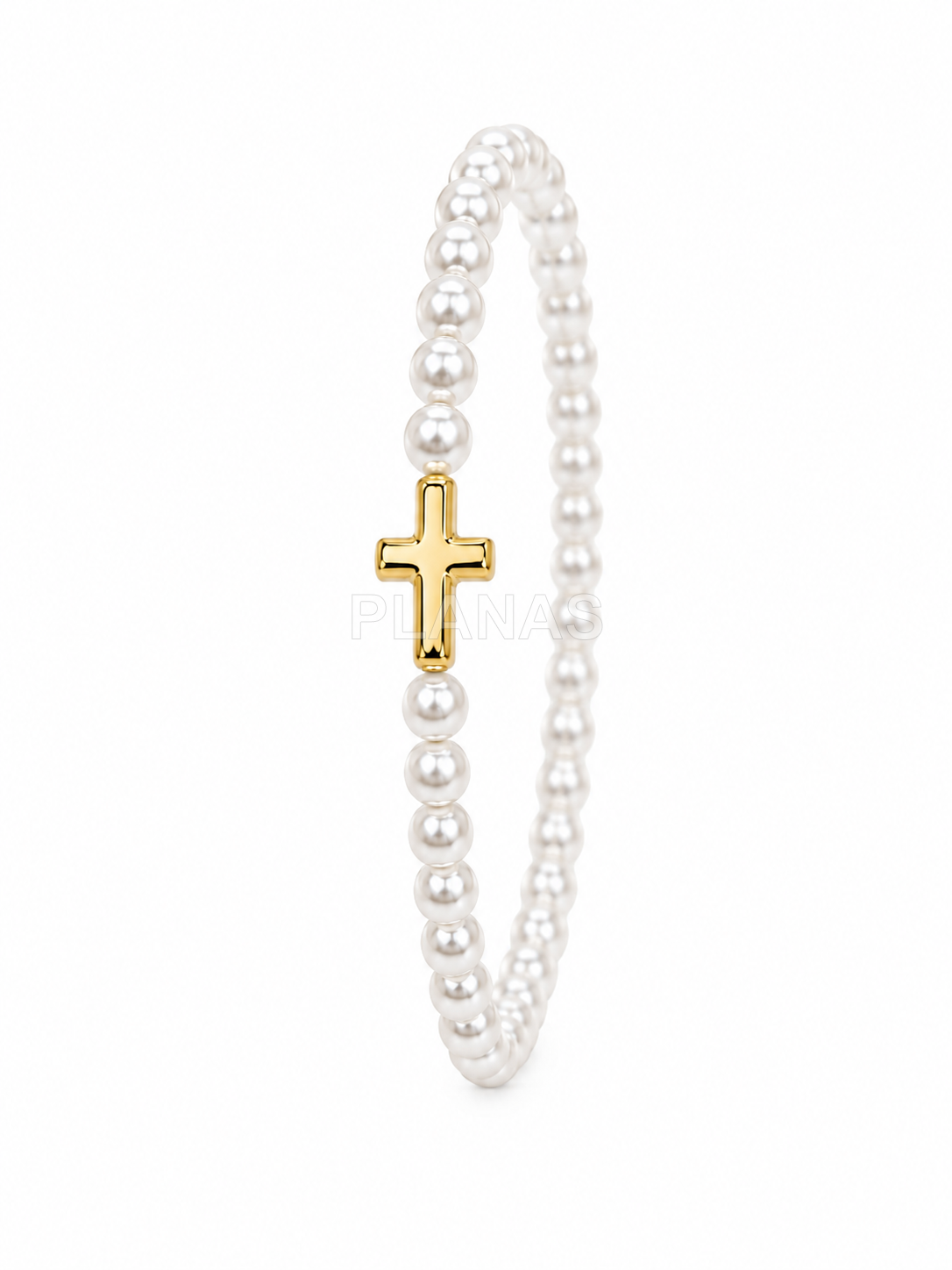Pulsera para niña elástica en plata de ley y perlas austriacas de primera calidad. CRUZ.