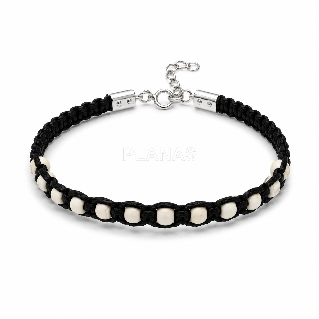 Pulsera en plata de ley y bolitas color Blanco.  