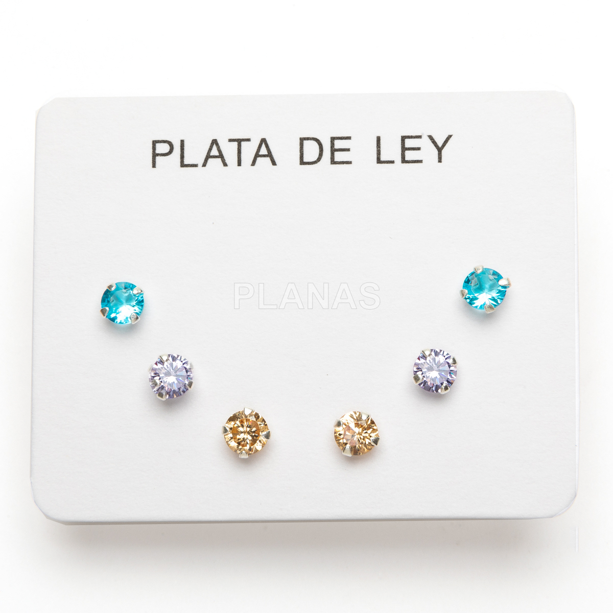 Exibição de 3 pares de brincos em prata de lei com zircônias cúbicas redondas coloridas.  