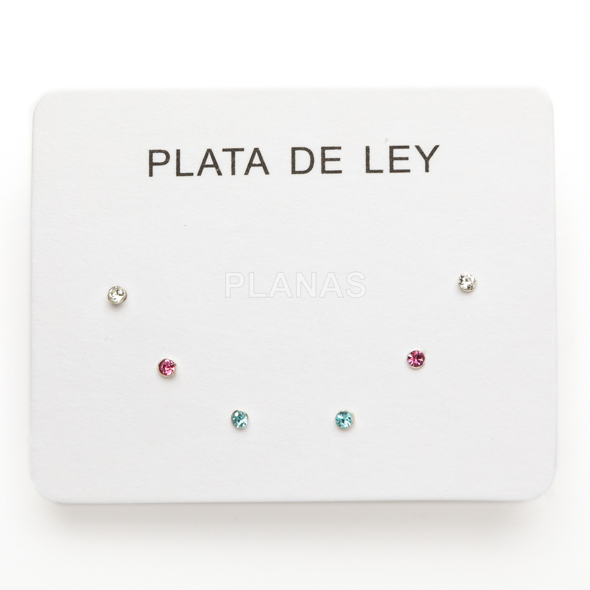 Display de 3pr de Pendientes en Plata de ley y Circonitas redondas de colores.  
