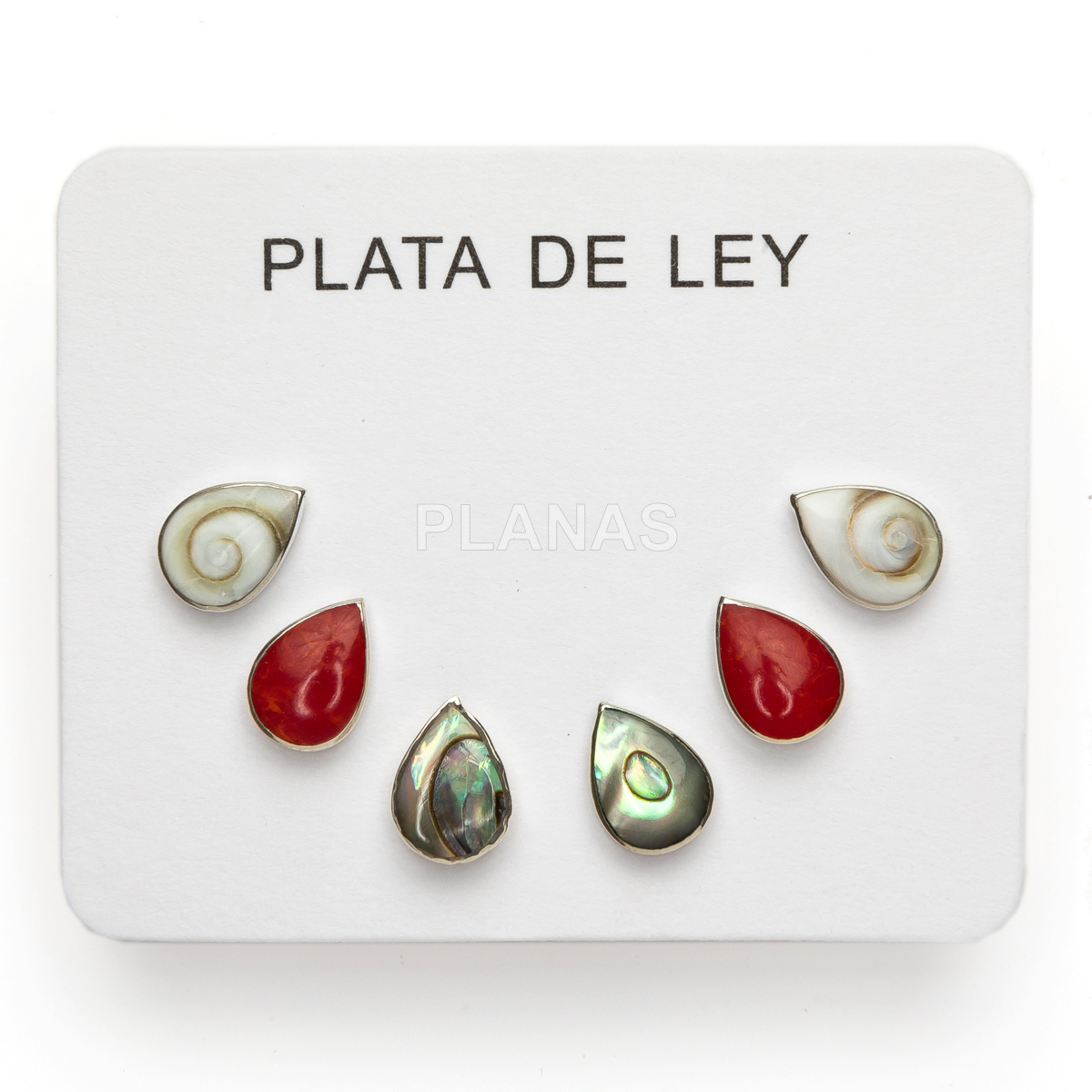 Display de 3pr de Pendientes en Plata de ley. Shiva, Coral y Abalón.  