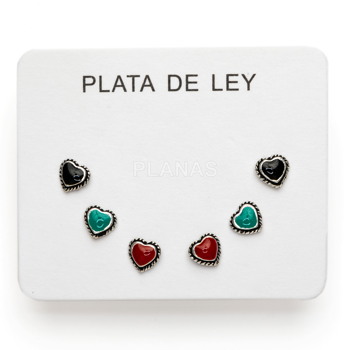 Display de 3pr de Pendientes en Plata de ley. Coral, Turquesa y negro. CORAZÓN.