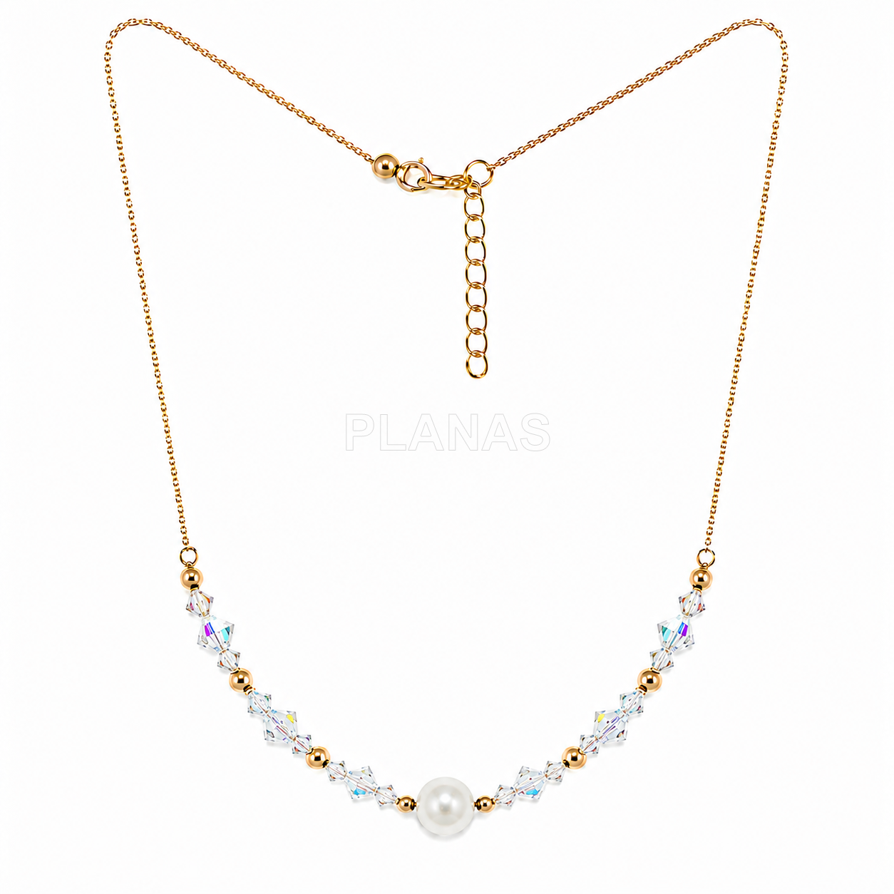 Conjunto de brincos, colar e pulseira em prata de lei e banhado a ouro com componentes swarovski, tupis e pérolas.