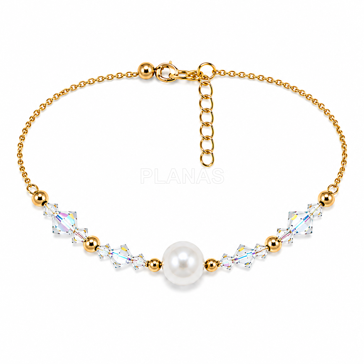 Conjunto de brincos, colar e pulseira em prata de lei e banhado a ouro com componentes swarovski, tupis e pérolas.