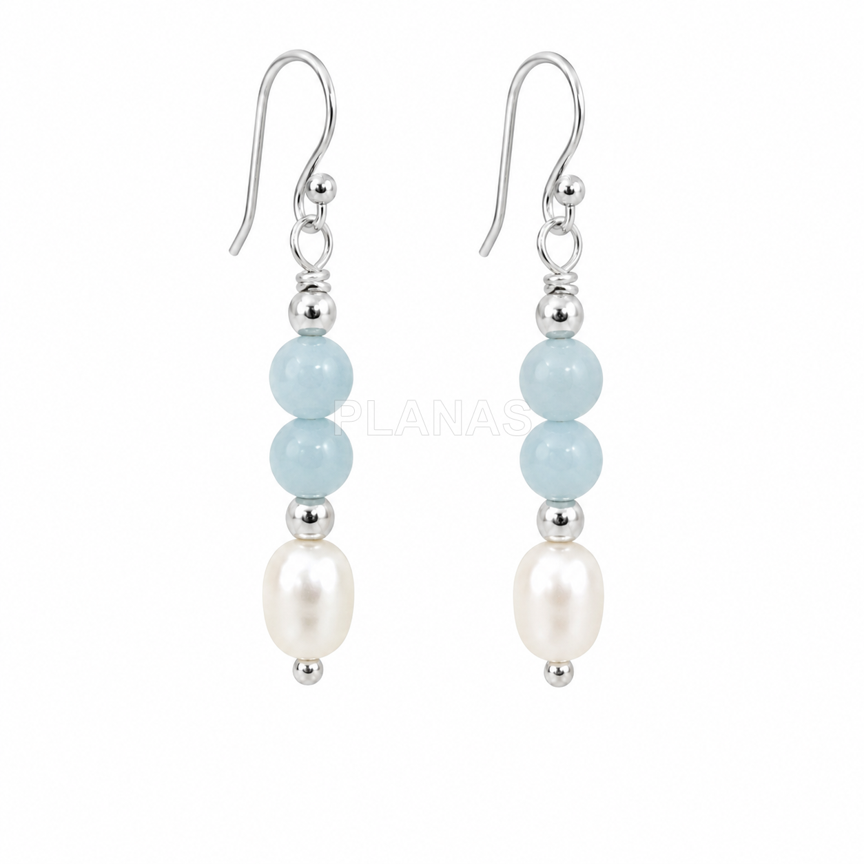 Conjunto Collar y Pendientes en plata de ley con perla cultivada y Aguamarina.  
