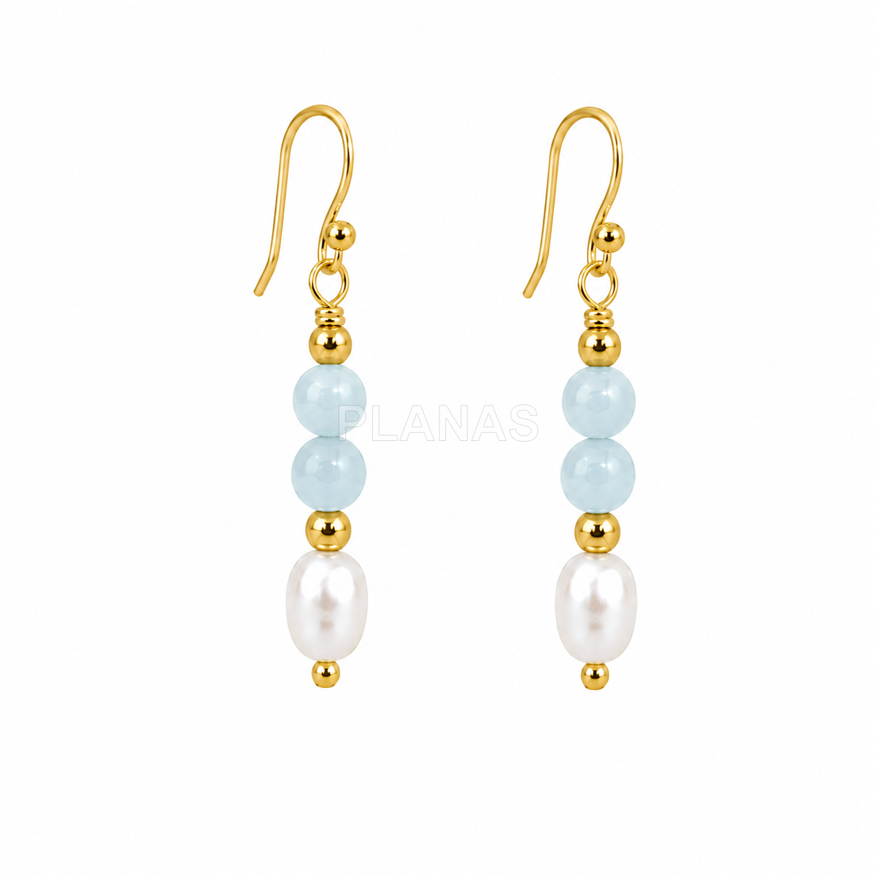 Conjunto Collar y Pendientes en plata de ley y Baño Oro con perla cultivada y Aguamarina.  