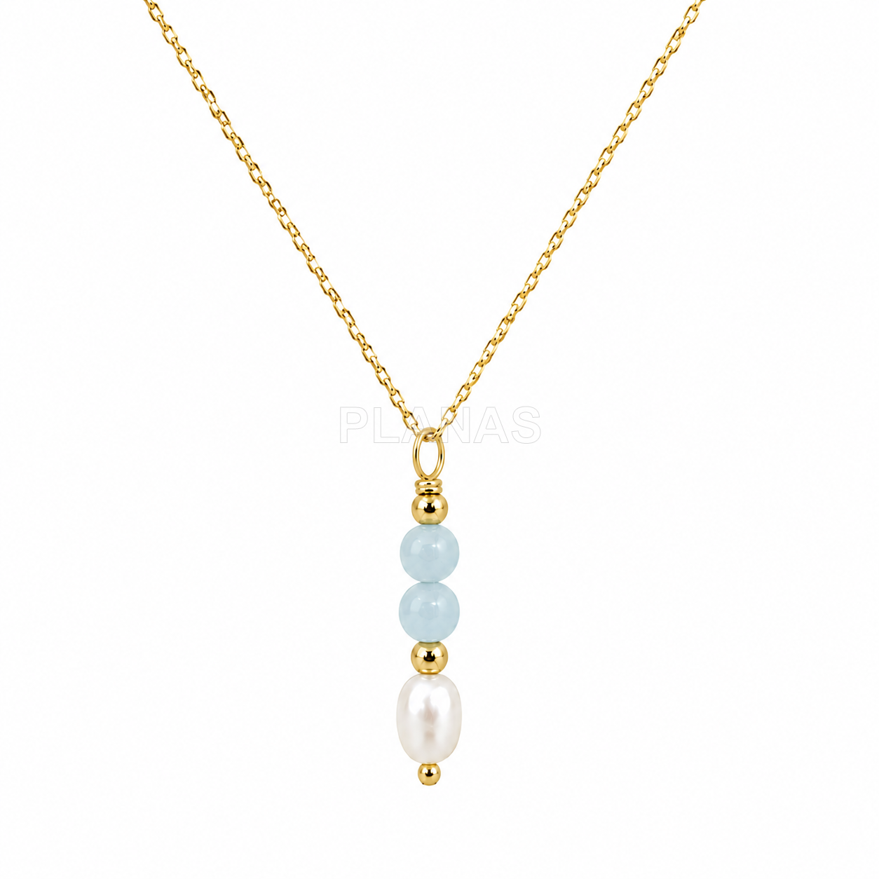 Conjunto Collar y Pendientes en plata de ley y Baño Oro con perla cultivada y Aguamarina.  