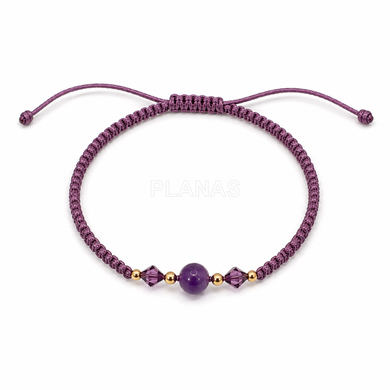 Pulseira de macramê em prata de lei com banho de ouro, com detalhes em mineral e cristais swarovski tupi.