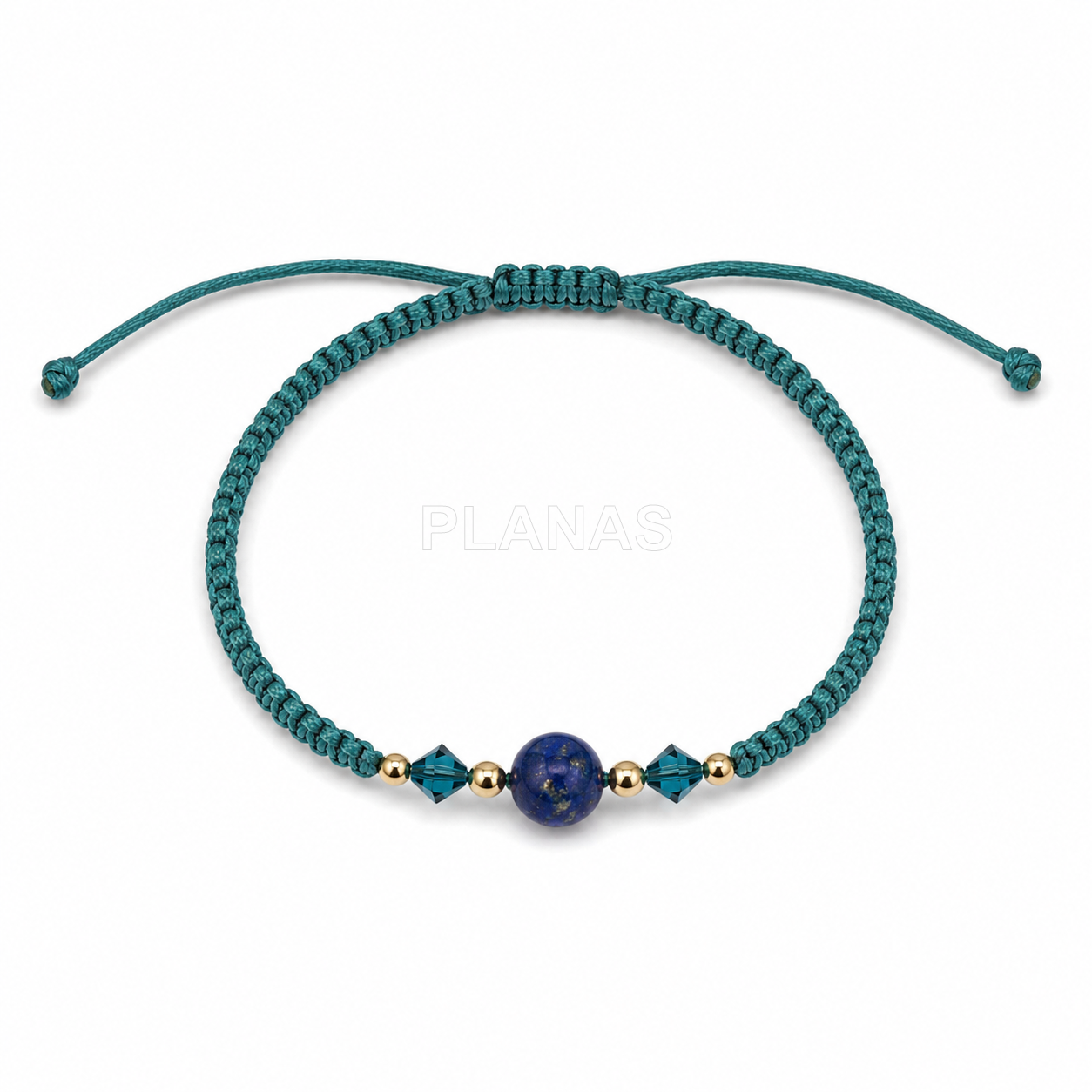 Pulseira de macramê em prata de lei com banho de ouro, com detalhes em mineral e cristais swarovski tupi.