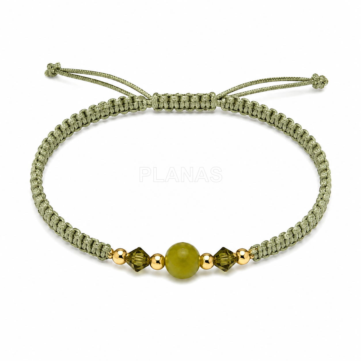 Pulseira de macramê em prata de lei com banho de ouro, com detalhes em mineral e cristais swarovski tupi.