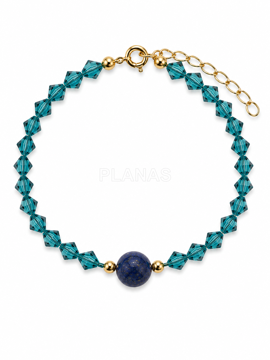 Pulsera en Plata de ley y baño Oro con mineral y Tupi Componente Swarovski.