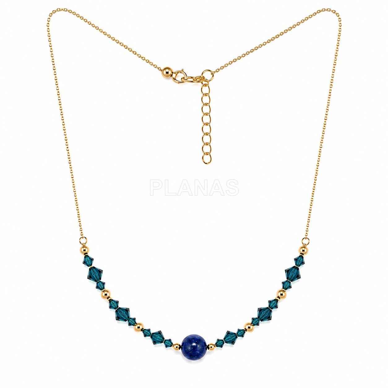 Colar em prata de lei e banhado a ouro com detalhes em mineral e cristais swarovski.