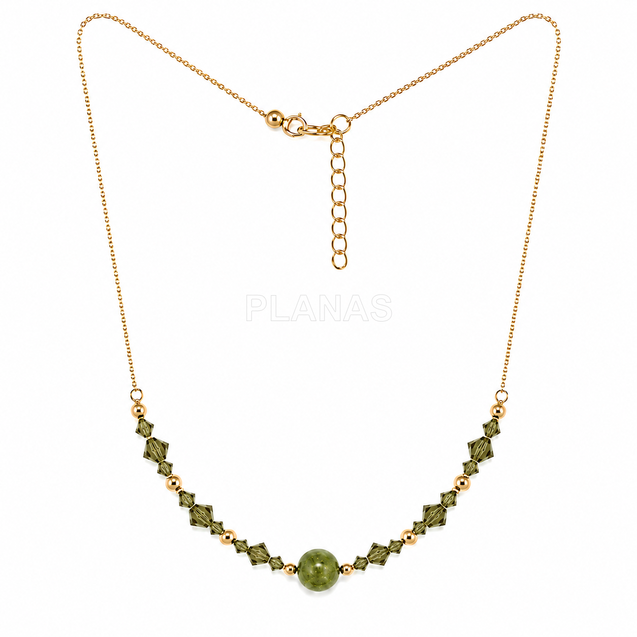 Colar em prata de lei e banhado a ouro com detalhes em mineral e cristais swarovski.
