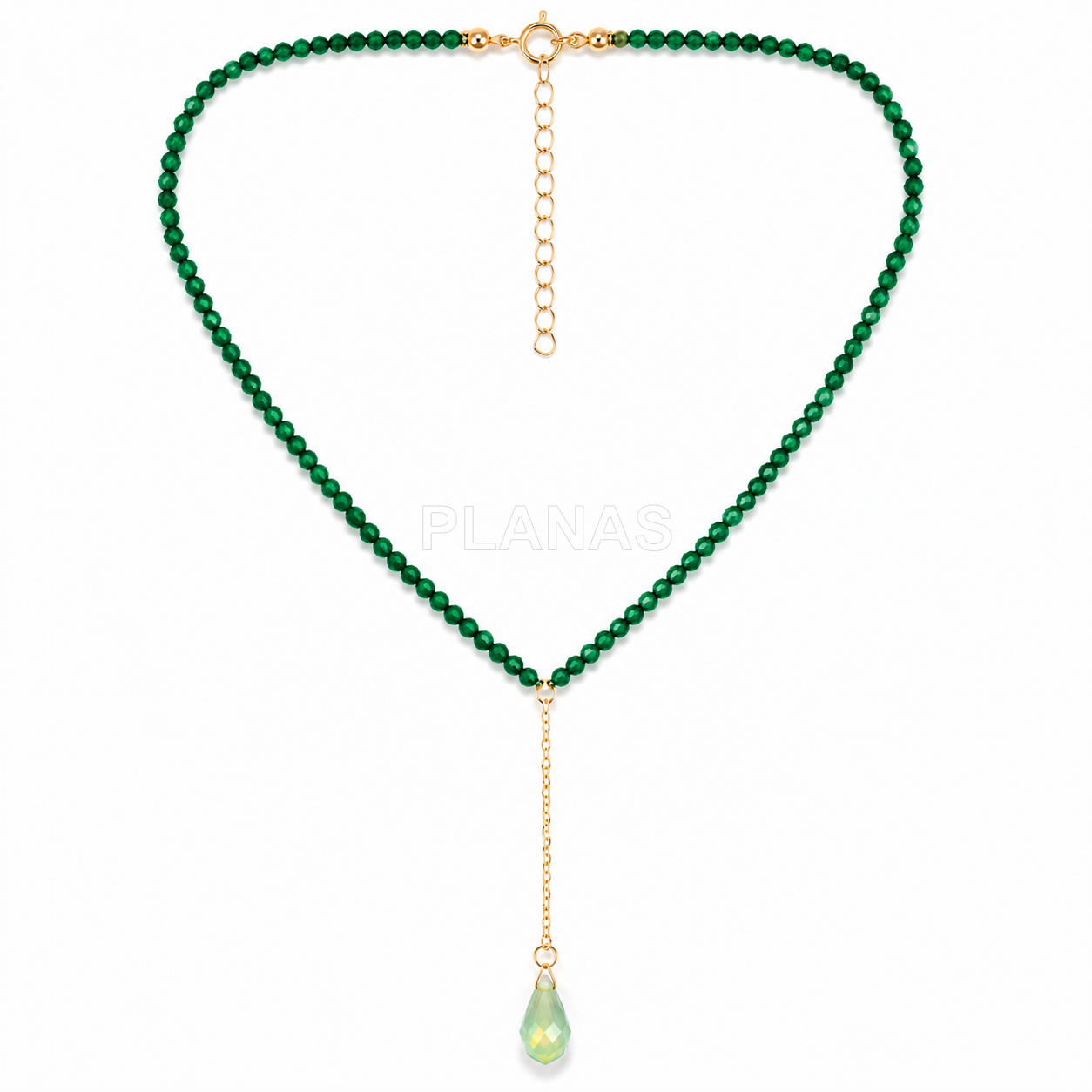 Colar em prata de lei e banhado a ouro com componente em forma de gota de mineral e cristal swarovski.