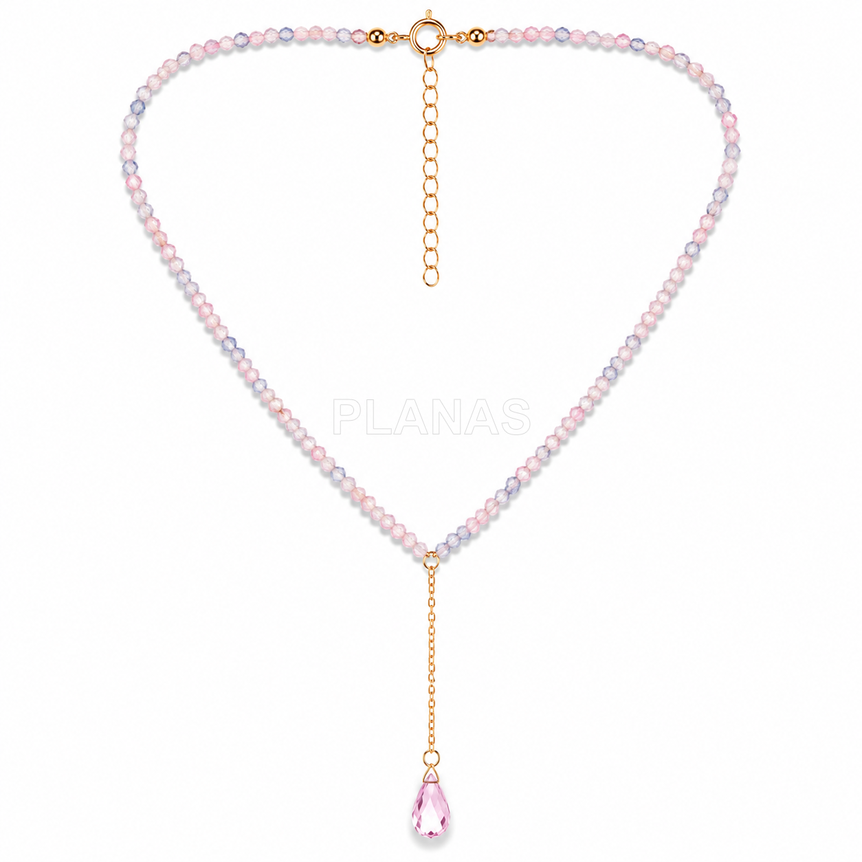 Colar em prata de lei e banhado a ouro com componente em forma de gota de mineral e cristal swarovski.