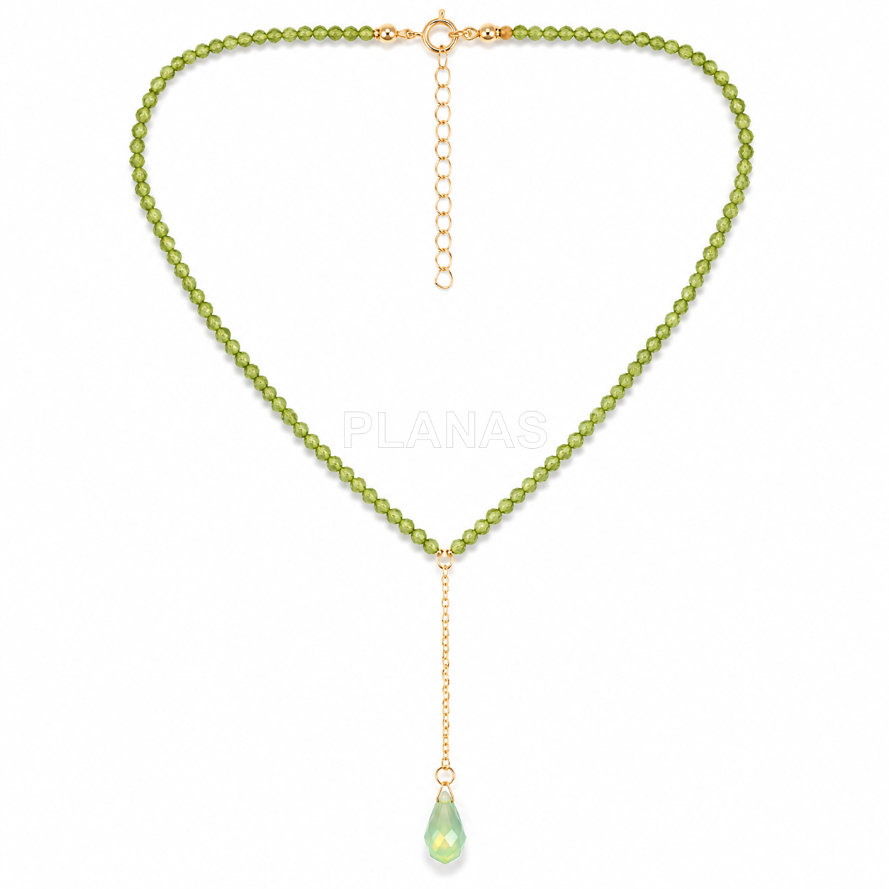 Colar em prata de lei e banhado a ouro com componente em forma de gota de mineral e cristal swarovski.