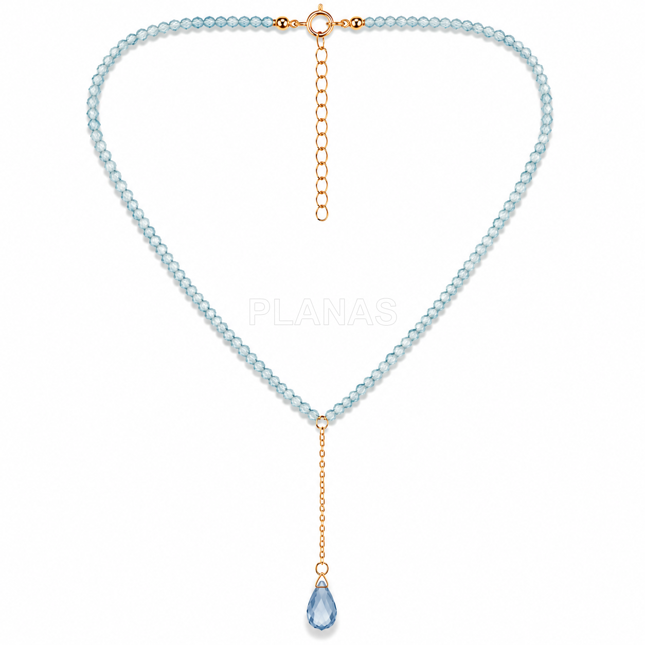 Colar em prata de lei e banhado a ouro com componente em forma de gota de mineral e cristal swarovski.