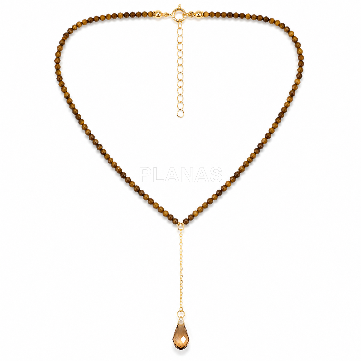 Colar em prata de lei e banhado a ouro com componente em forma de gota de mineral e cristal swarovski.