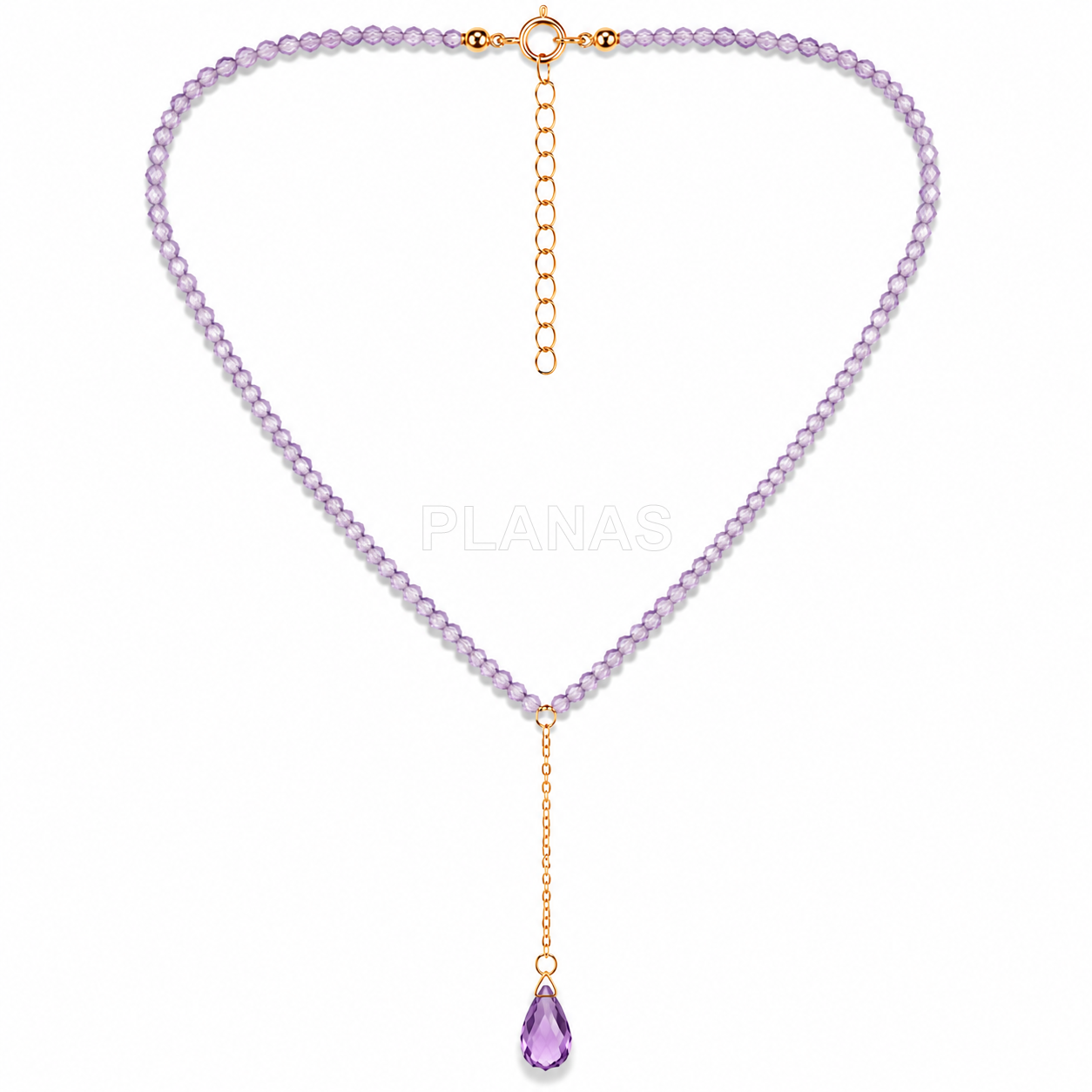 Colar em prata de lei e banhado a ouro com componente em forma de gota de mineral e cristal swarovski.
