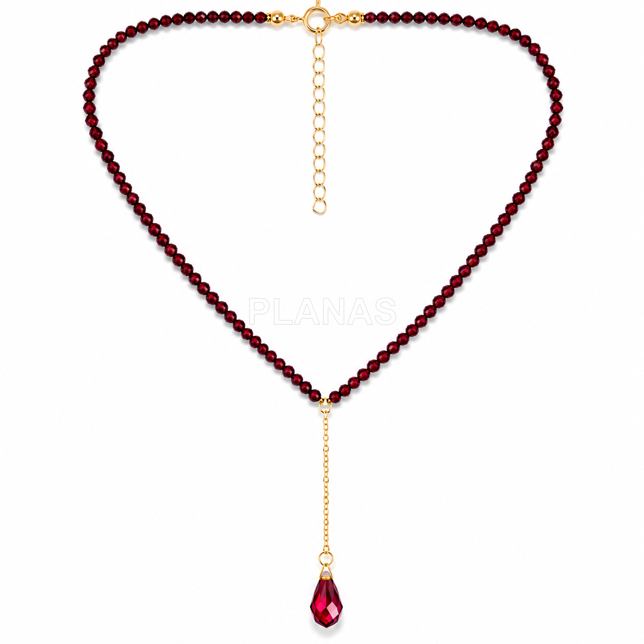 Colar em prata de lei e banhado a ouro com componente em forma de gota de mineral e cristal swarovski.