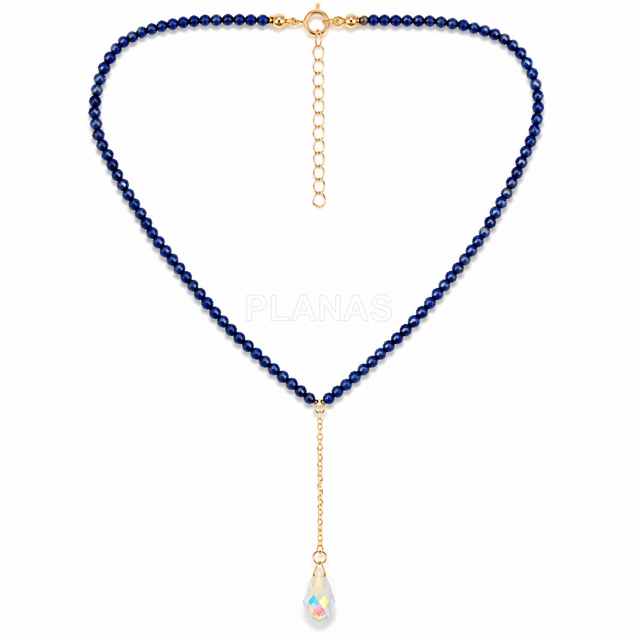 Colar em prata de lei e banhado a ouro com componente em forma de gota de mineral e cristal swarovski.