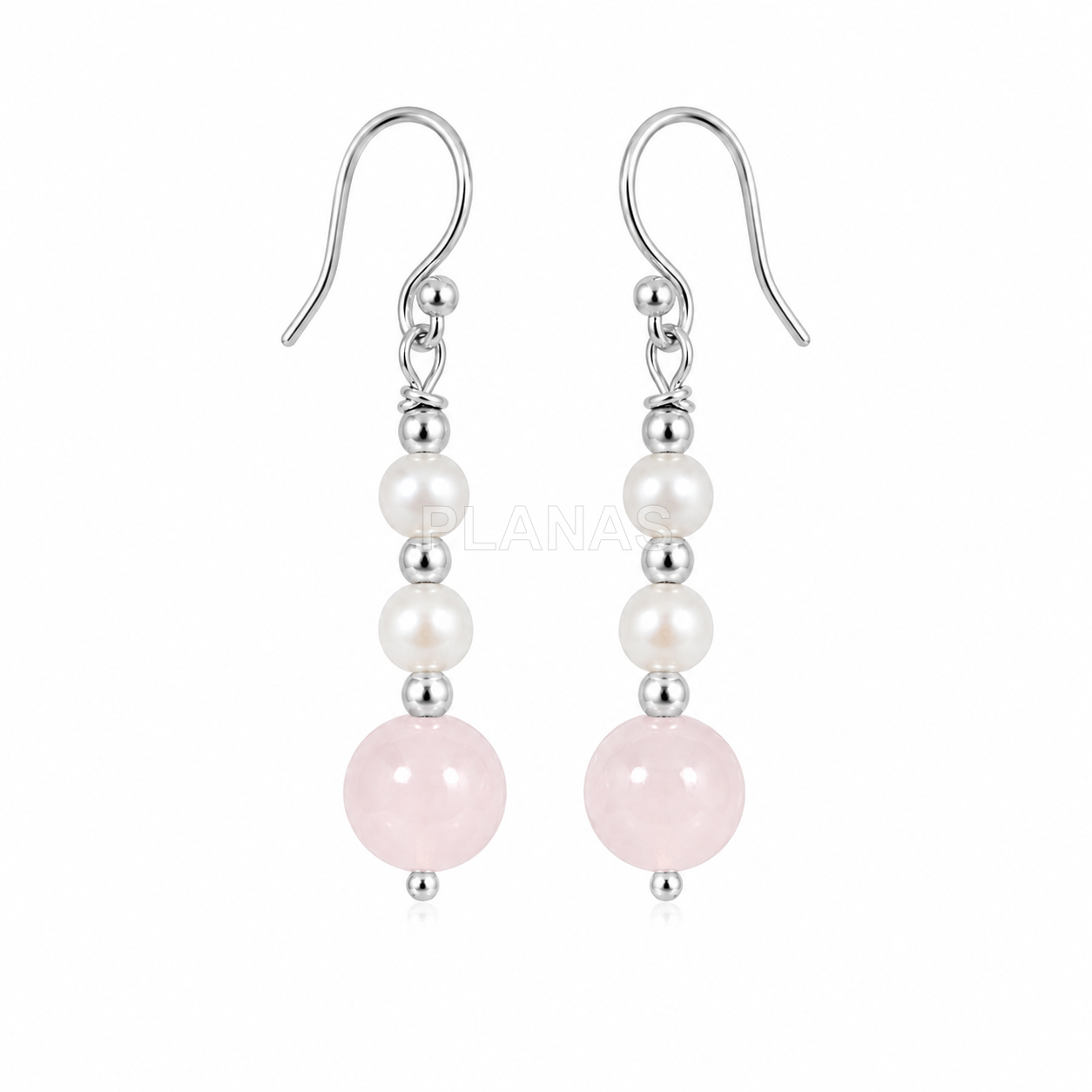 Brincos em prata de lei com quartzo rosa e pérola cultivada.  