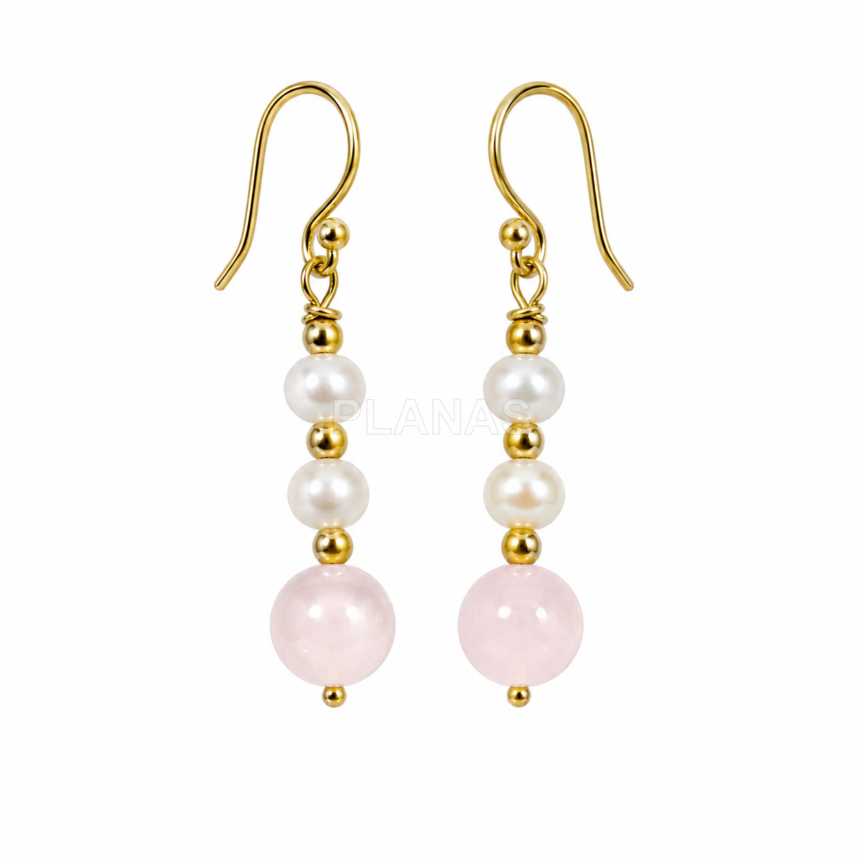 Brincos em prata de lei com quartzo rosa e pérola cultivada.  