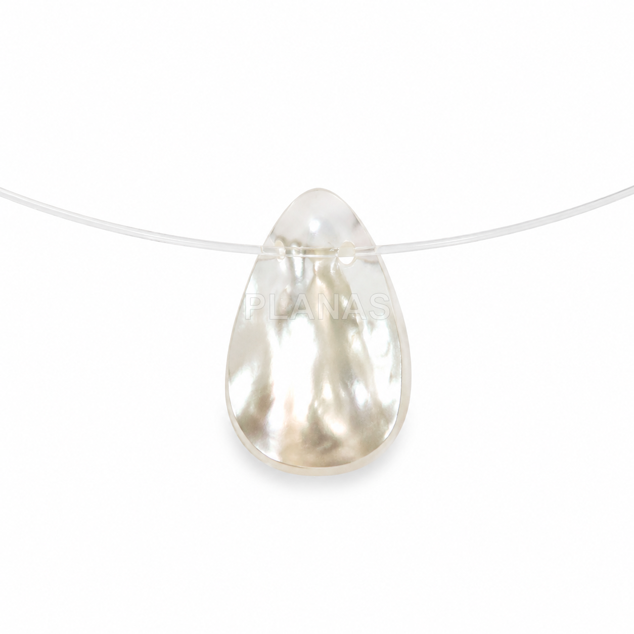 Colar invisível com acabamento em prata de lei e banho de ouro, com pingente em forma de lágrima de madrepérola.